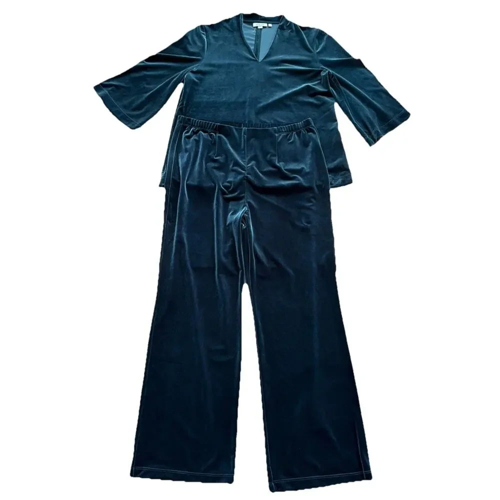 Chico’s Velvet 2 Piece Set Womens Large Teal 3/4 Sleeve Pull On Pants Relaxed - Picture 10 of 10